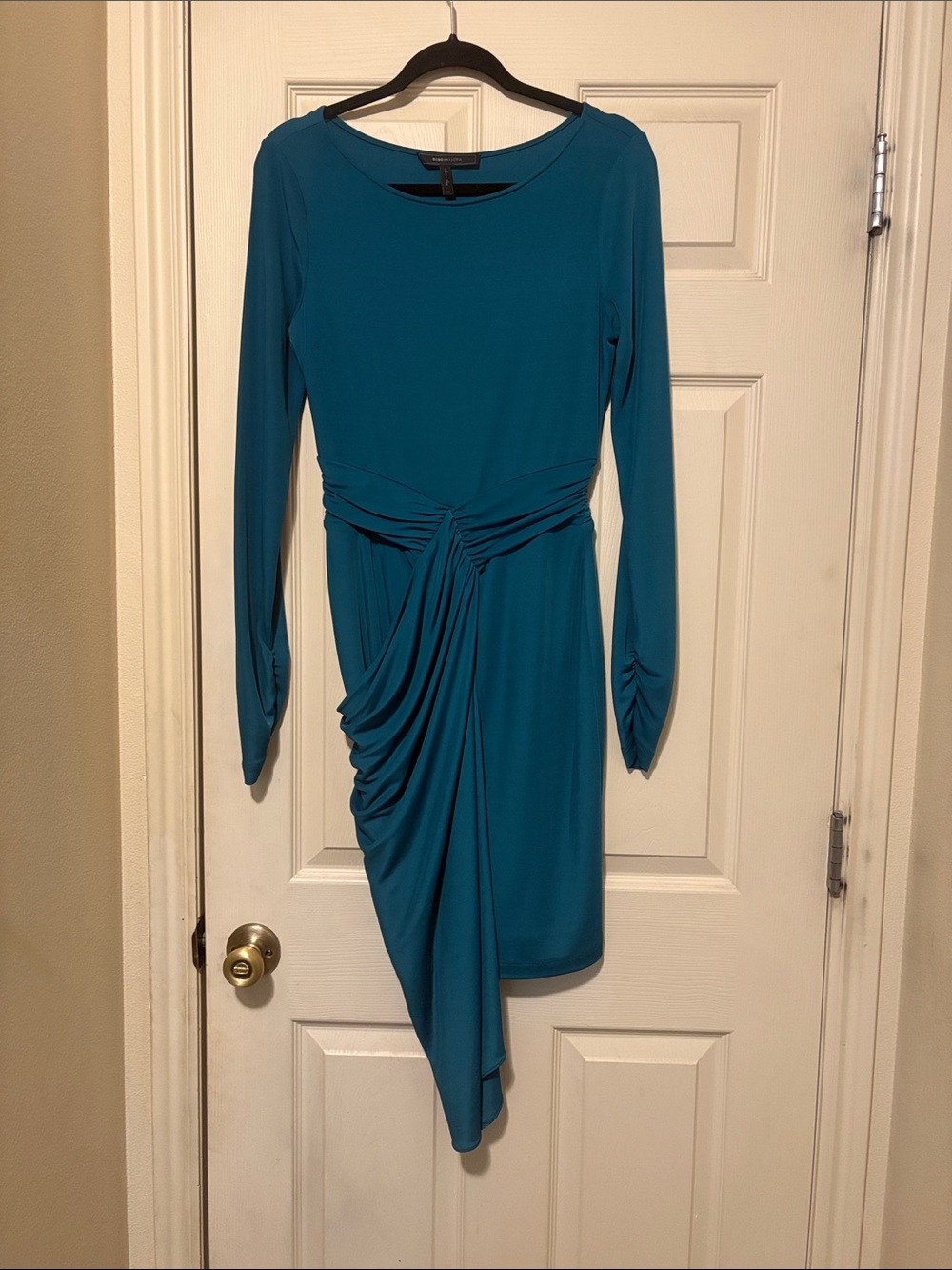 BCBG  Teal Long-Sleeve Draped Knot Midi Dress